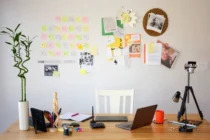 Home based business workspace with laptop, desk setup and work from home environment