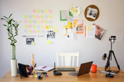 Home based business workspace with laptop, desk setup and work from home environment