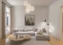 Modern living room with curved sofa, neutral tones and minimalist decor representing 2026 interior design trends