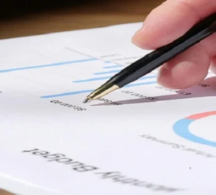 A hand holding a pen pointing at a monthly budget chart with bar graphs and pie chart
