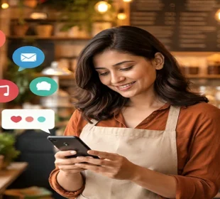 Local business owner using smartphone for social media marketing in a cafe