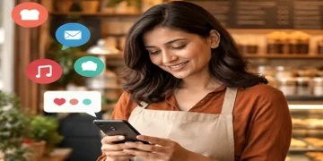 Local business owner using smartphone for social media marketing in a cafe