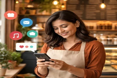 Local business owner using smartphone for social media marketing in a cafe