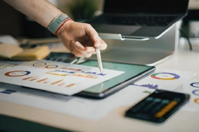 Digital marketing data analysis on tablet showing charts and graphs for small business growth strategy