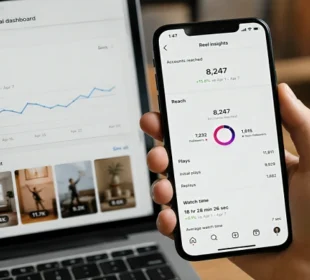 Instagram creator checking Reels analytics and engagement metrics on a smartphone with Instagram performance dashboard on laptop screen