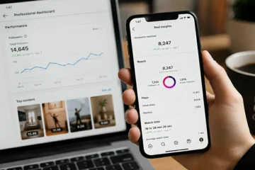 Instagram creator checking Reels analytics and engagement metrics on a smartphone with Instagram performance dashboard on laptop screen