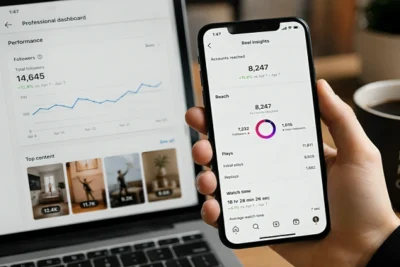 Instagram creator checking Reels analytics and engagement metrics on a smartphone with Instagram performance dashboard on laptop screen