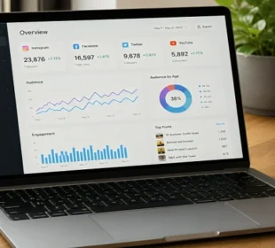 Social media analytics dashboard displayed on a laptop showing Instagram, Facebook, Twitter, and YouTube performance metrics on a modern workspace desk