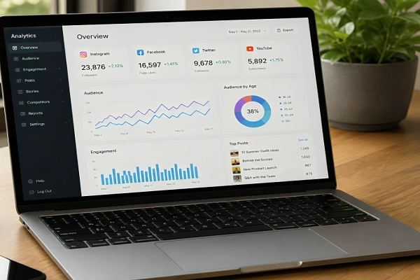 Social media analytics dashboard displayed on a laptop showing Instagram, Facebook, Twitter, and YouTube performance metrics on a modern workspace desk