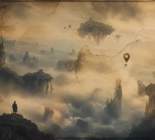 Surreal misty landscape with floating islands and vintage map overlay representing the mysterious concept of Vuzillfotsps