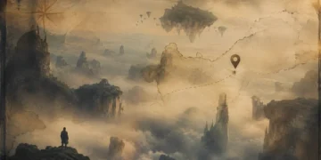 Surreal misty landscape with floating islands and vintage map overlay representing the mysterious concept of Vuzillfotsps