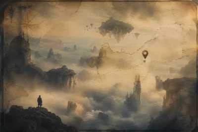 Surreal misty landscape with floating islands and vintage map overlay representing the mysterious concept of Vuzillfotsps