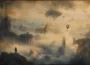 Surreal misty landscape with floating islands and vintage map overlay representing the mysterious concept of Vuzillfotsps