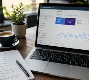 Laptop displaying Google Search Console dashboard beside a notebook listing free SEO tools for beginners