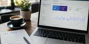 Laptop displaying Google Search Console dashboard beside a notebook listing free SEO tools for beginners