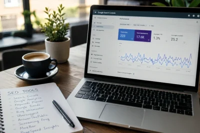 Laptop displaying Google Search Console dashboard beside a notebook listing free SEO tools for beginners