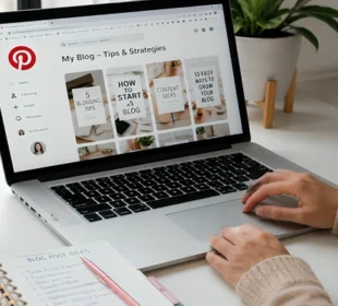 Pinterest marketing strategy for bloggers displayed on a laptop workspace with blog planning notes