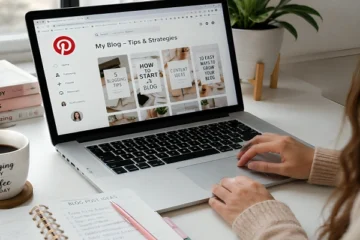 Pinterest marketing strategy for bloggers displayed on a laptop workspace with blog planning notes